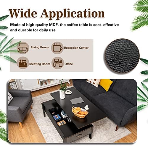 COSTWAY Lift Up Top Coffee Table, Convertible Side Tea Table with Hidden Storage Compartment, Wooden Sofa End Cocktail Snack Table for Home Office Living Room (with Side Drawers, Black)