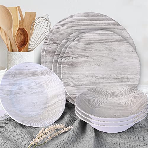 Melamine Dinnerware Set - 12 Pcs Melamine Plates Indoor And Outdoor Use Wood Grain Plates And Bowls Dinnerware Sets Summer Fall Camping Dish Set For 4 Dishwasher Safe (Gray) #TOP9