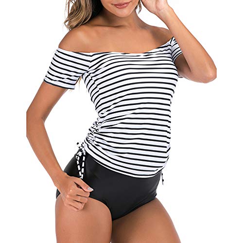 papasgix Tankini Swimsuits for Women Girls Off Shoulder Swimwear Stripe Tankini Set Monokini Two Piece Bathing Suit Black White 2XL