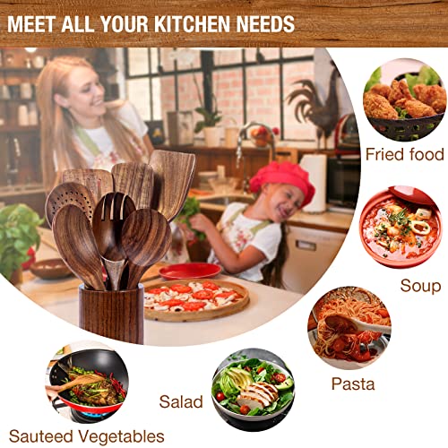 GUANKE Wooden Spoons for Cooking Natural Teak 9 Piece Wooden Cooking Utensils Set with Holder & Spoon Rest Non-Stick Smooth Wooden Spoons & Spatula Ideal Cookware for Kitchen Essentials - Image 2