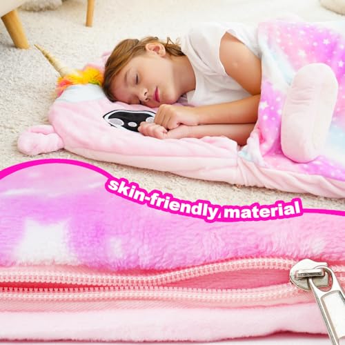 Image of Kid Sleeping Bag with Pillow - Larger Nap Mat - Plush Slumber Bag for Boys Girls Daycare Preschool Kindergarten Birthday Gift Travel Sleepover Ages 3-12 Years