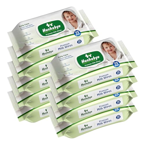 Image of Hushabye Premium Milk Baby Wipes with lid- 0+ Months, pH balanced, Paraben & Alcohol Free, Moisturising & Thick Wipes with purified Water, Gentle & soothing, 648pcs, Pack of 9