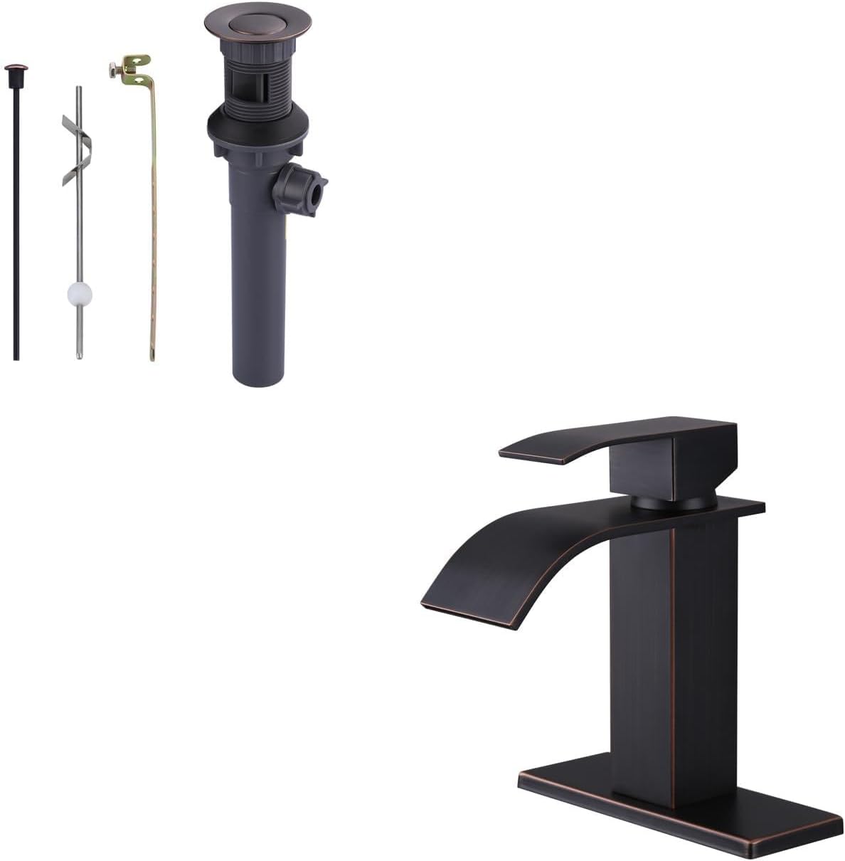 Oil Rubbed Bronze Bathroom Sink Drain with Lift Rod and Waterfall Bathroom Faucet