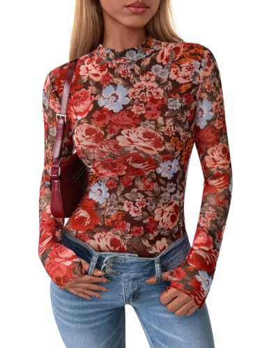 PRETTYGARDEN Womens Floral Mesh Long Sleeve Tops Fall Slim Fitted Shirts