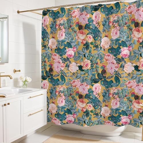 Worthwhile Goods 明るくカラフルな花柄シャワーカーテン - モダンな牡丹のプリント生地シャワーカーテン - 72x72インチ (イエローフローラル)の商品画像（Amazon）