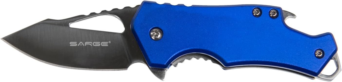 sarge knives Fuse Pocket Knife (2.375" Blade), Folding Knife with Stainless Steel Drop Point Blade, Blue Aluminum Handle with Bottle Opener for Everyday Carry & Utility Use (SK-502BL)