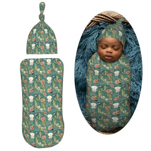 Image of Western Bull Skulls and Cactus Newborn Swaddle Blankets Hat Sets Soft Baby Receiving Blanket Swaddle Sack for Baby Shower Infant Boy Girl Gift