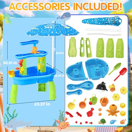 Water Table for Toddlers 3-5, 3-Tier Auto Water-Absorbing Kids Sand Water Table with Water Pump & Umbrella Splash Pond Toy, Activity Sensory Play Table Toys for Outdoor Pool Beach Backyard Summer - Thumbnail 4