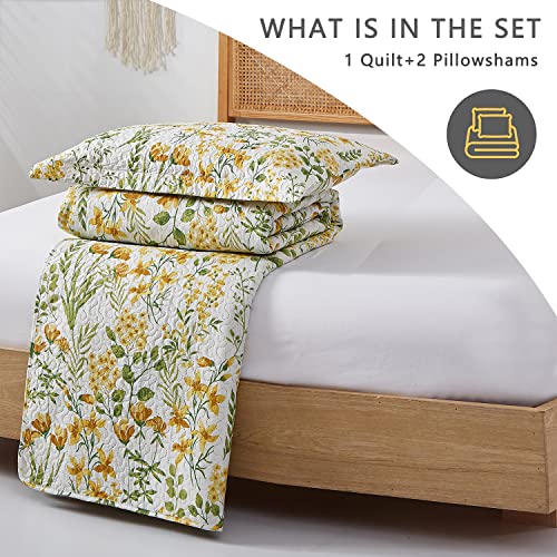 Jarson Floral Quilts Set King Size 3Pcs Lightweight Bedspreads Country Bedding Reversible Coverlet Botanical Bed Cover With 2 Pillow Shams, Yellow Flowers #TOP6
