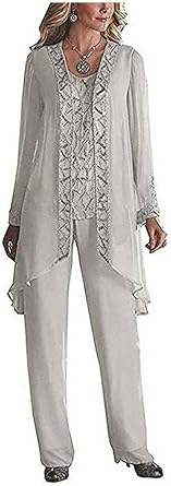 Women's 3 Pieces Chiffon Dress Mother of The Bride Pants Suits with Beaded Jacket Wedding Outfit Evening Gown