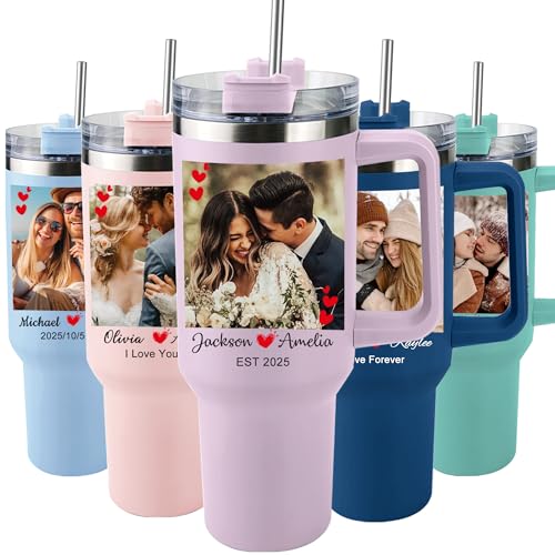 Elemtansy Ships Next Day Custom 40oz Tumbler with Picture&Name, Personalized Tumbler with Handle, Personalized Gifts for Women Men Birthday Anniversary Christmas Wedding Gifts