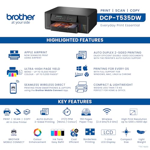 Image of Brother Ink Tank DCP-T535DW (Print Scan Copy) WiFi Auto Duplex Printer, 128MB Memory, Print Pages Upto 15K in Black & 5K in Color Each (CMY) Get an Extra Black Ink Bottle, Free Installation