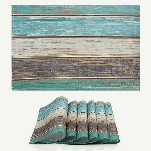 fanquare Vintage Linen Placemats Set of 6, Rectangular Teal Brown Rustic Place Mats, Washable Heat Resistant Table Mats for Dining Table Party Kitchen