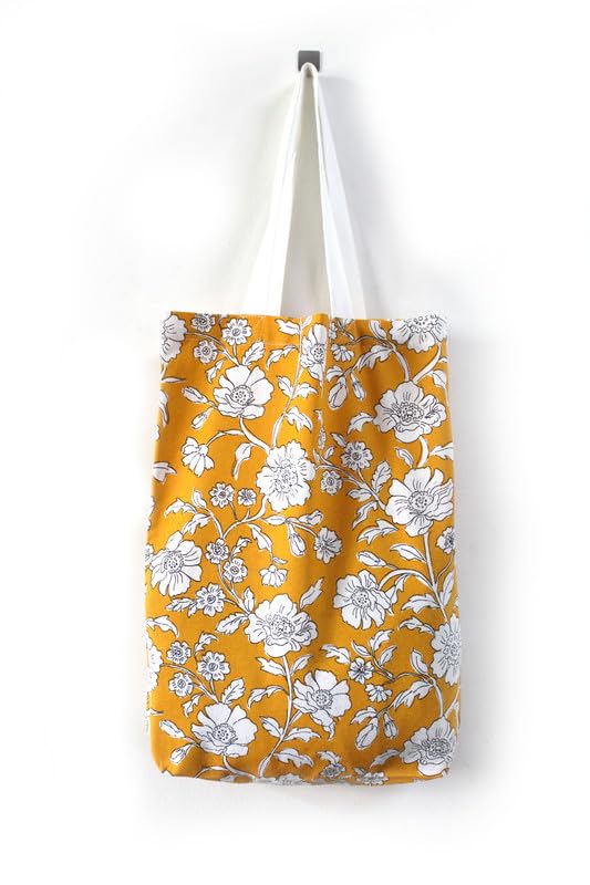 jyotex Floral Canvas Tote Bag, Yellow and White Pattern, Long Handles (Set F)-picture-12