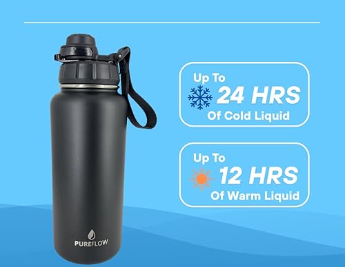 Miniatura 3 de PUREFLOW Botella de agua de acero inoxidable de 32 onzas con tapa para pajitadeportiva y bolsa de transporte, tapa a prueba de fugas, tapa abatible,