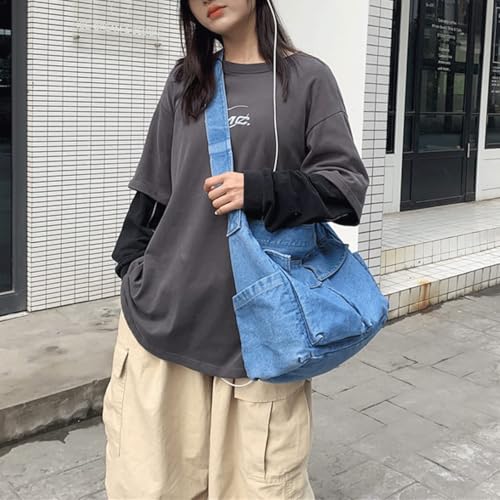 Image of Denim Shoulder Bag Canvas Messenger Bag for Women Men Tote Bag Casual Retro Aesthetic Crossbody Bag Handbag