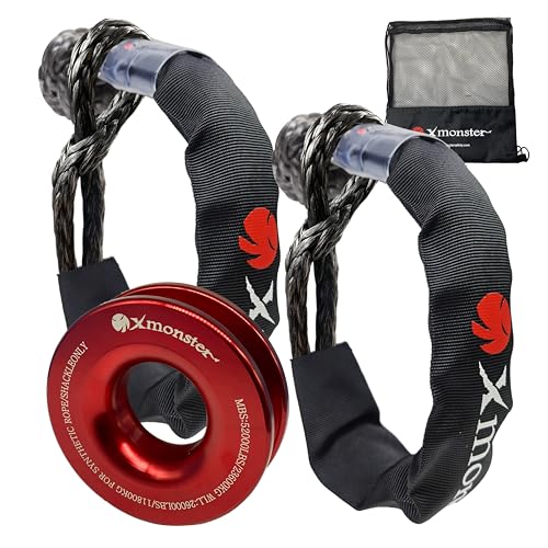 X MONSTER Soft Synthetic Road Recovery Rope Tow Shackles for Sailing SUV Off Road Towing ATV Recovery (2PCS 1/2in x 22in - 68,200LBS Shackles + 1 Snatch Pulley Ring)