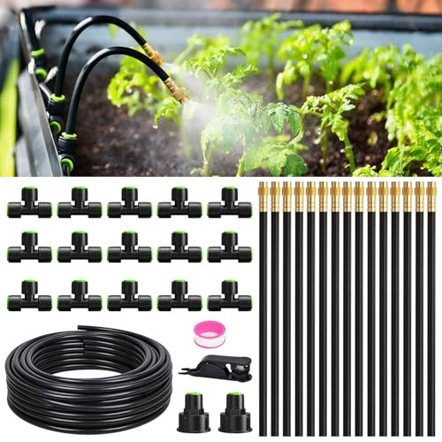 RAINPOINT 50FT Drip Irrigation System, Garden Watering Kit with 15pcs 360°Adjustable Copper Nozzles, Automatic Atomizing Watering Sprinkler System for Greenhouse, Lawn, Raised Beds, Outdoor Plants