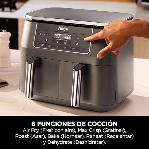 Miniatura 5 de Ninja Freidora De Aire Con Compartimento Doble, 2 Cajones, 7,6 L, 6 En 1, Sin Aceite, Fríe Con Aire, Gratina, Asa, Hornea, Recalienta, Deshidrata, Cestas Antiadherentes, Gris Metalizado Dz300eu