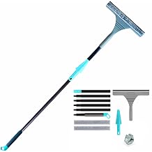 61" Window Squeegee with Long Extension Pole, 2-in-1 Streak-Free Glass Washer & Scrubber Kit with 2 Reusable Microfiber Pads & Clips, Professional Window Cleaning Tool for Home Outdoor High Windows