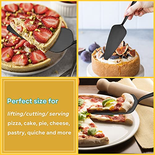Matte Black Pie Server Set Of 5, E-Far 8.9 Inch Stainless Steel Cake Server Cutter For Pastry Cheese Pizza, Serrated Edge With Square Handle, Dishwasher Safe #TOP3