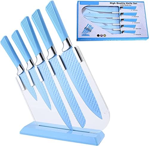 CHEFDEER Kitchen Knife Set, Pink Knife Set of 6 Pieces, Stainless Steel Chef Knife Block Set with Acrylic Stand Nonstick Coating for Cutting, Slicing and Paring… (Blue)