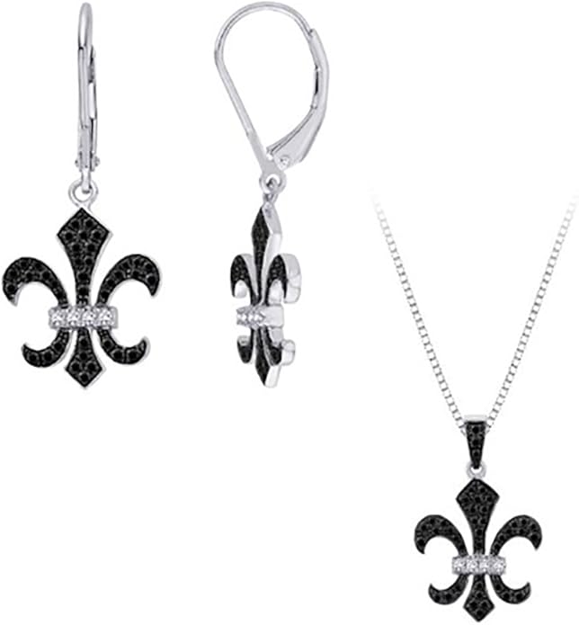 KATARINA Fleur-De-Lis Black and White Diamond Jewelry Set in Sterling Silver (3/4 cttw)