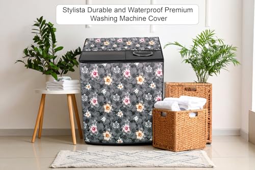 Image of Stylista Washing Machine Cover Compatible for Whirlpool 10.5 kg semi Automatic ACE 10.5 XL Floral Pattern Grey