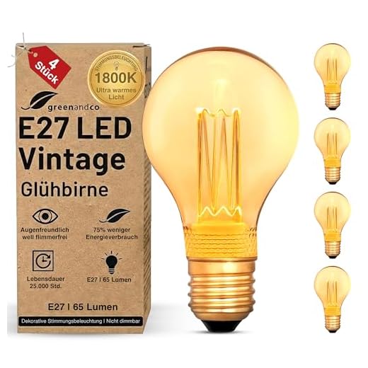 4x greenandco® Vintage Design LED Birne im Retro Stil zur Stimmungsbeleuchtung E27 A60 Edison Glühbirne, 2W 65lm 1800K extra warmweiß 320° 230V flimmerfrei, nicht dimmbar, 2 Jahre Garantie