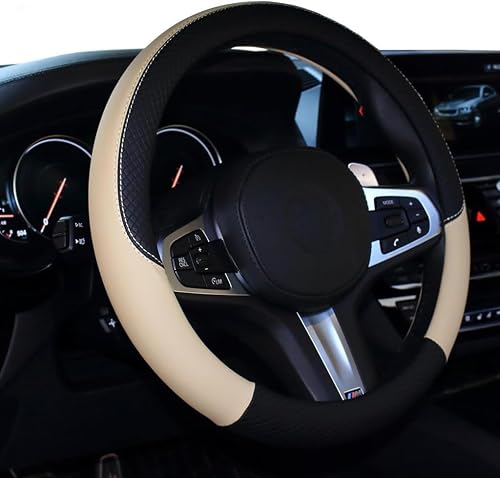 Sulfar Car Steering Wheel Cover, Leather, Universal 15 Inch Fit, Anti-Slip & Odor-Free (Black & Beige)