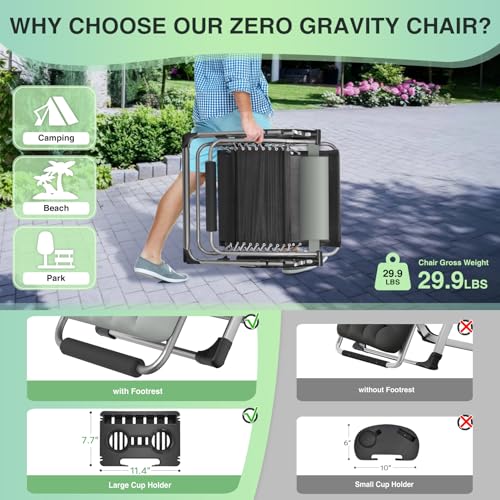 Suteck Oversized Zero Gravity Chair, 29In XL Outdoor Recliner Chair w/Removable Cushion&Headrest, Camping Lounge Chair w/Upgraded Lock&Footrest, Reclining Patio Chairs for Indoor Outdoor,500LBS by Suteck - Image 5