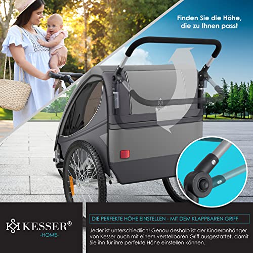 KESSER® Kinderanhänger Fahrradanhänger 360° Drehbar mit Federung 2in1 Joggerfunktion Kinderfahrradanhänger + 5-Punkt Gurt Jogger Fahrrad Anhänger für 1 bis 2 Kinder max. 40kg Inkl. Warnfahne Hellgrau