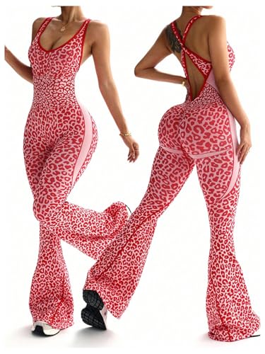 Image of Verdusa Women's Cheetah Print Workout Sets Yoga Jumpsuit Criss Cross Sleeveless Work Out Clothes Flared Pants Jumpsuits