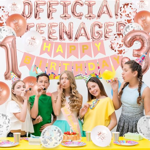 13th Birthday Party Decorations Girls, Rose Gold Official Teenager Party Supplies Happy 13th Birthday Balloons Banner with Number 13 Balloon Teenager Sash for 13 Years Old Party Supplies - Image 3