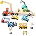 Wooden Construction Site Vehicles with Trailer 14 PCS Set, Vehicle Toys Cars for Toddlers and Kids Ages 3+ Gifts for Boys Girls, Compatible with Thomas and Other Major Brand Train Toy and Railway Set