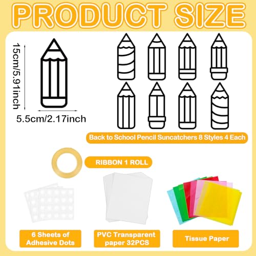 32 Sets Back to School Pencil Suncatchers Craft Kit DIY Window Stained Glass Effect Pencils Paper Crafts for Home School Classroom Decoration Kid Birthday Gifts Creative Art Projects Activity Game - Image 2