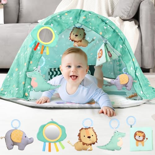 Baby Play Gym Mat with Tent, Activity Mat for Toddlers 0-6 Months, Washable Gym Playmat for Infants, Toddler Toys Birthday Gifts for Newborns 0-3-6-9-12-18 Months