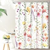 QiyI Watercolor Floral Shower Curtain, Flowers Print Spring Bathroom Curtain, Wildflowers Home Décor Machine Washable Bath Curtains, Pink Orange Waterproof Fabric Shower Curtain Set with Hooks, 72x72