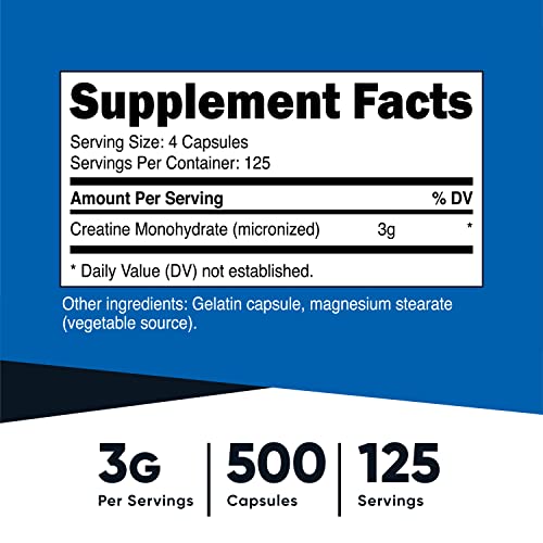 Nutricost Creatine Monohydrate 3000Mg Serving, (750Mg Per Capsule), 500 Capsules (2 Bottles) #TOP1