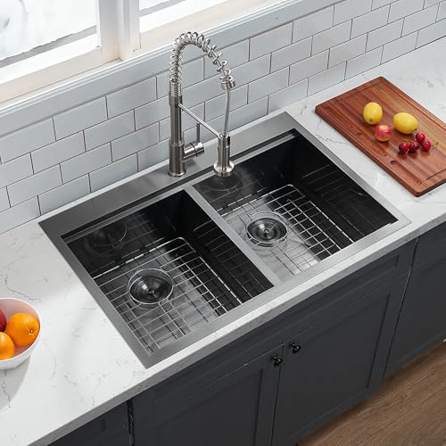 KINGO HOME 33x22 Double Bowl Kitchen Sink 33 Inch Black, Stainless Steel Drop in Double Basin Kitchen Sinks, Topmonut 50/50 Framhouse Sinks Workstation Sink with Accessories by KINGO HOME - Used condition - Image 6