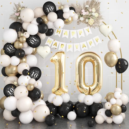 10th Birthday Decorations Black Gold Sand White,10th Balloon Arch Garland Kit With Champagne Gold Number 10 Balloons Happy Birthday Banner for Girl Boy 10 Party Decoration