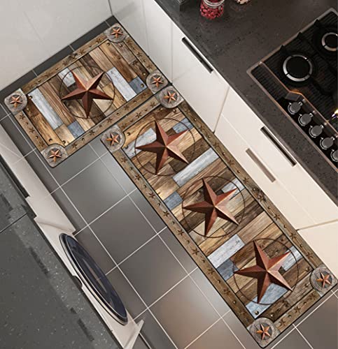 Ailuer Farmhouse Wood Kitchen Rugs Mats Set Of 2 Rustic Texas Star Anti-Fatigue Cushioned Kitchen Floor Mat Non-Slip Backing Washable Kitchen Rugs Set Office Laundry, 17Inchx29.5Inch+17Inchx47Inch #TOP3