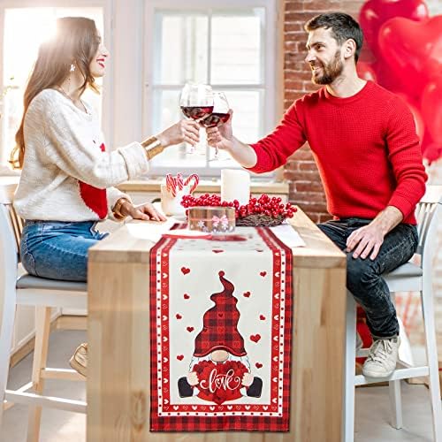 Red Love Heart Gnomes Table Runner Buffalo Plaid Love Rose Heart Linen Table Runner for Anniversary Wedding Party Holiday Dinner Home Table Decorations, 13 x 70 Inch