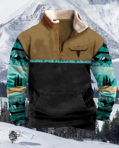 Western Aztec Sweatshirts for Men Country Fleece Jacket 1/4 Zip Long Sleeve Vintage Cowboy Hoodie Pullover with Pocket3