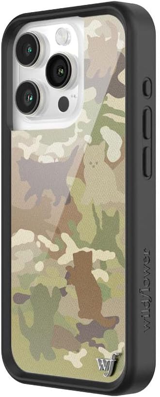 Wildflower Cases - Compatible with iPhone 15 Pro | Protective Black Bumper, 6.5ft Drop Test Certified, Women Owned Small Business | y2k Aesthetic Green Kittens Trendy | Cat Camo