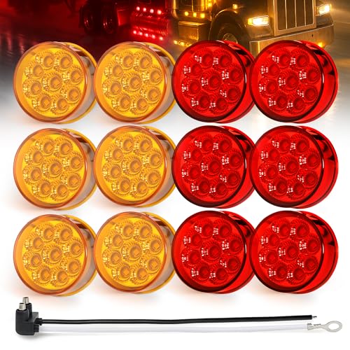 MADCATZ 12Pcs 2 Inch Round 6 Amber + 6 Red LED Side Marker Lights 9LEDs Reflectors with 2 Prong Pigtail Sealed Waterproof 12V for Truck Trailer RV Boat