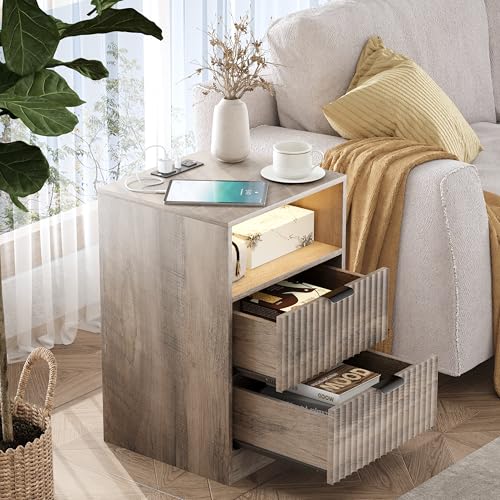 Image of Wodeer Fluted Nightstand Set of 2, LED Nightstand with Charging Station, Wood Nightstands with 2 Drawers & Metal Handles, Modern Bedside Table & End Tables, Farmhouse Night Stands for Bedroom, Grey