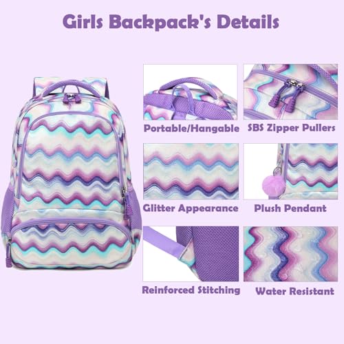 Kimwadalh Glitter Backpack for Girls, 3 in 1 Purple Schoolbag with Lunch Bag and Pencil Case for School Girl with Plush Pendant and Chest Straps by Kimwadalh - Used condition - Image 4