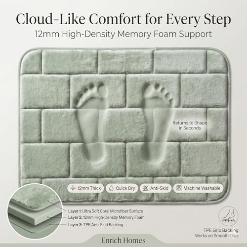 Image of Memory Foam Bath Mat for Bathroom & Kitchen | Anti-Skid Soft Floor Mat for Bedroom | Super Absorbent Quick Dry Microfiber Rug | Machine Washable Indoor Floor Mat | Sage Green | 40x60 cm
