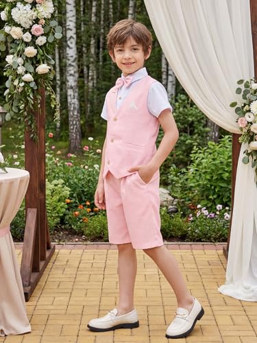 Image of Summer Boys Suit Dress Clothes Kids Wedding Ring Bearer Outfit 4Pcs Shirt Vest Shorts Set